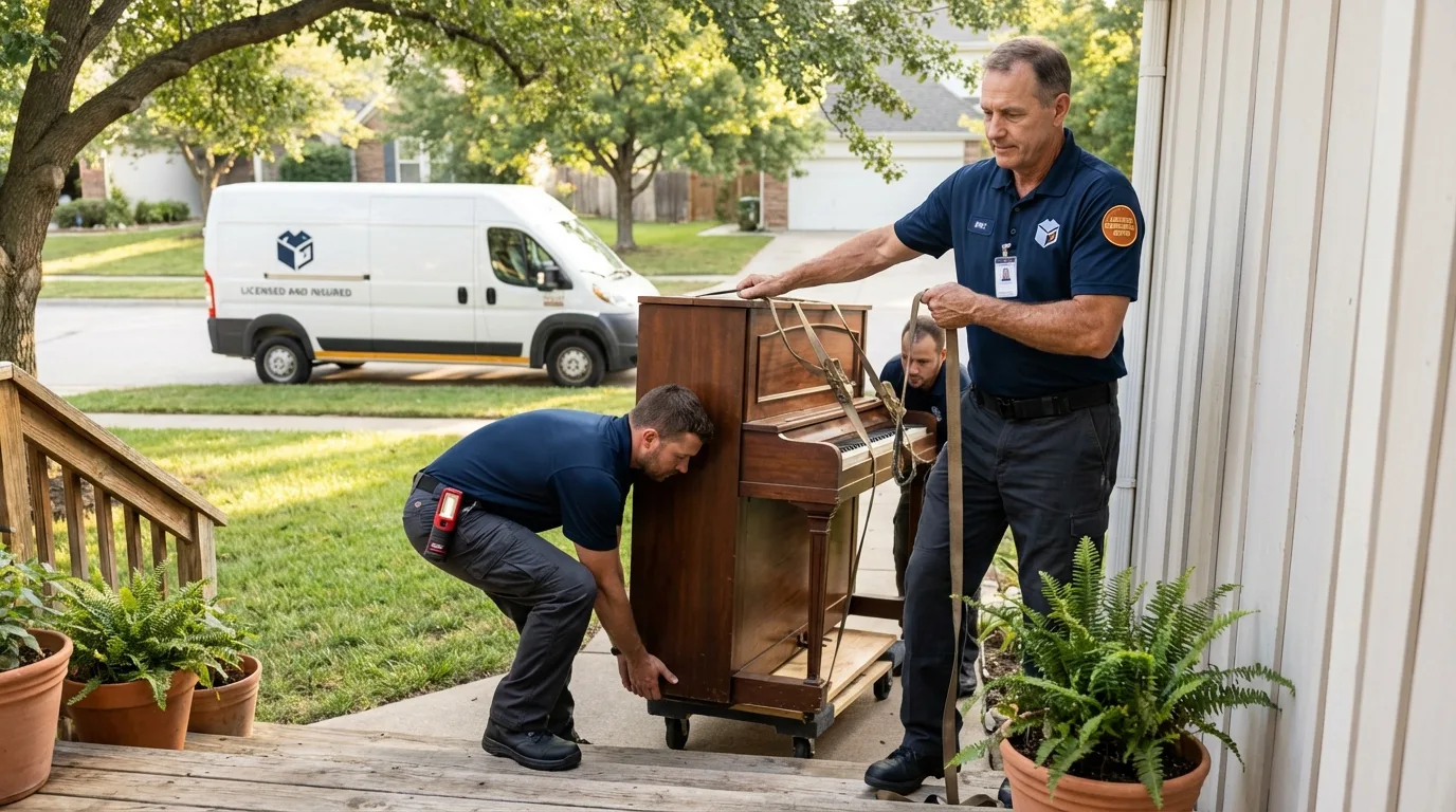 Licensed piano movers securing grand piano in Avis, PA