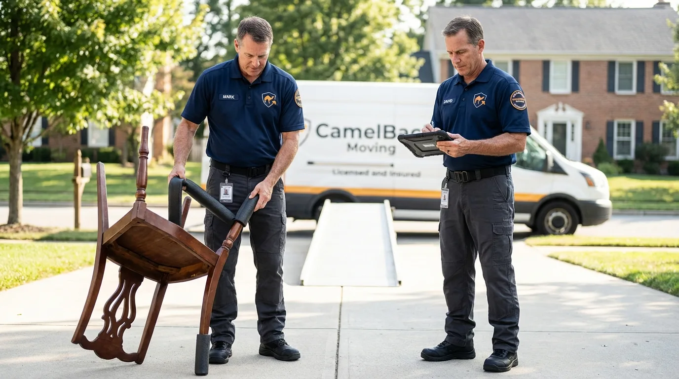 Movers inspecting furniture for damage prevention before loading in Avis, PA