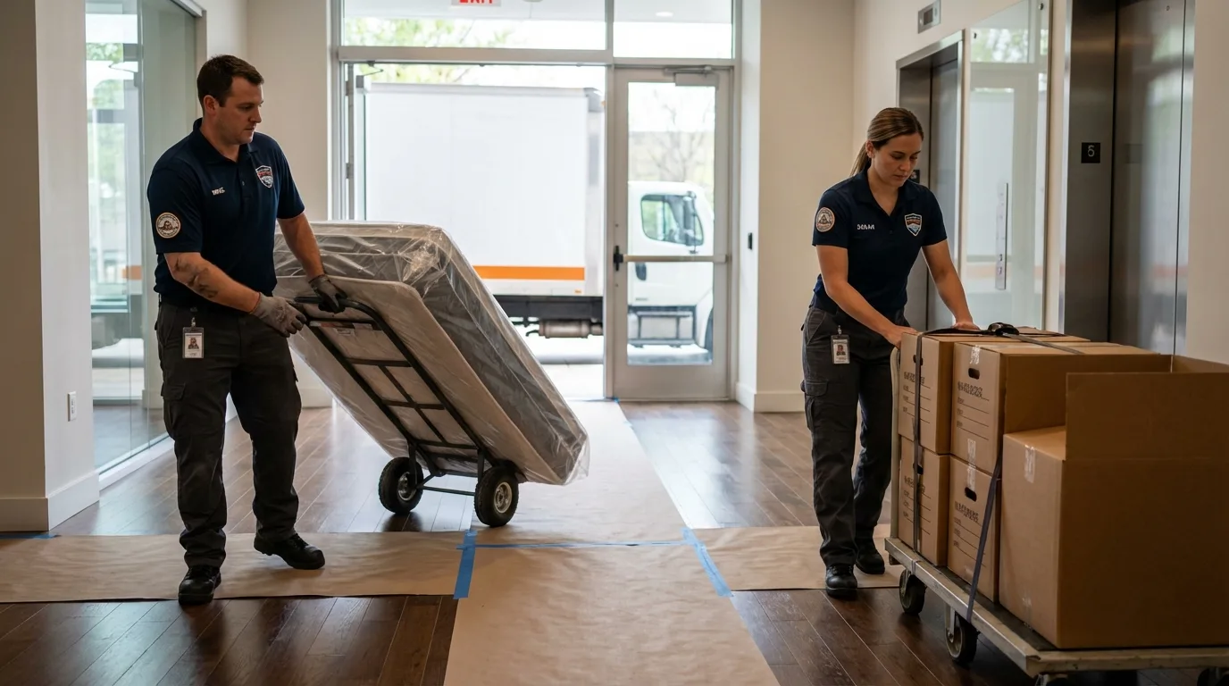 Professional apartment movers loading elevator in Avis, PA